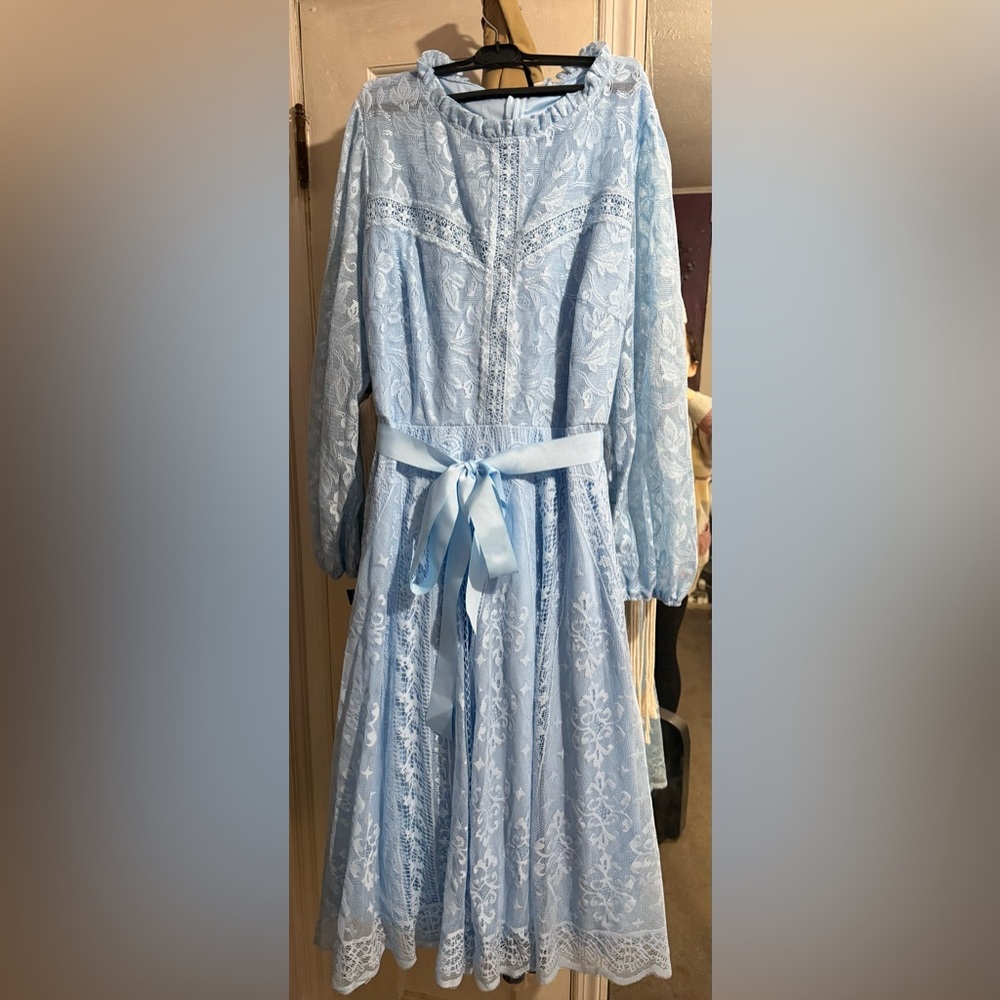 Elegant Long Sleeve Lace Dress in Light Blue